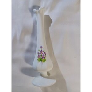 Kim Blake Hand Painted Milk Glass Bud Vase White Purple Floral Flower Decor
